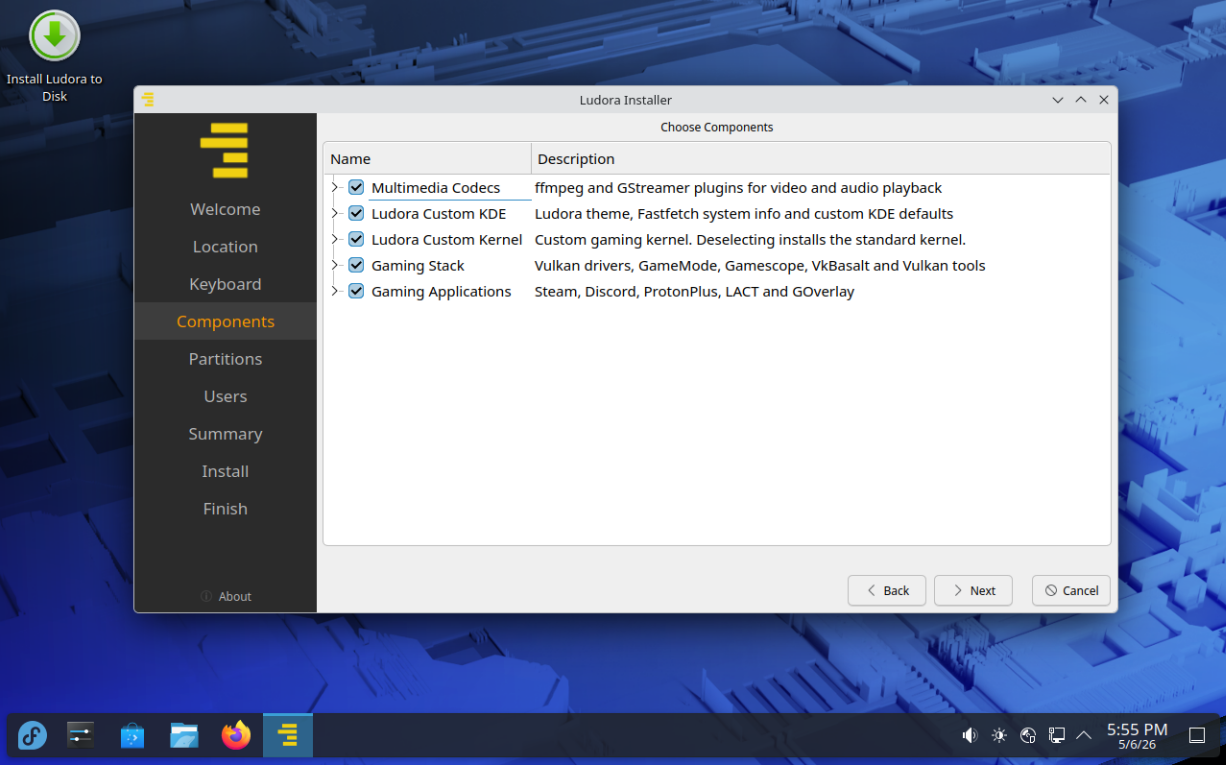 All components selected in the Ludora installer
