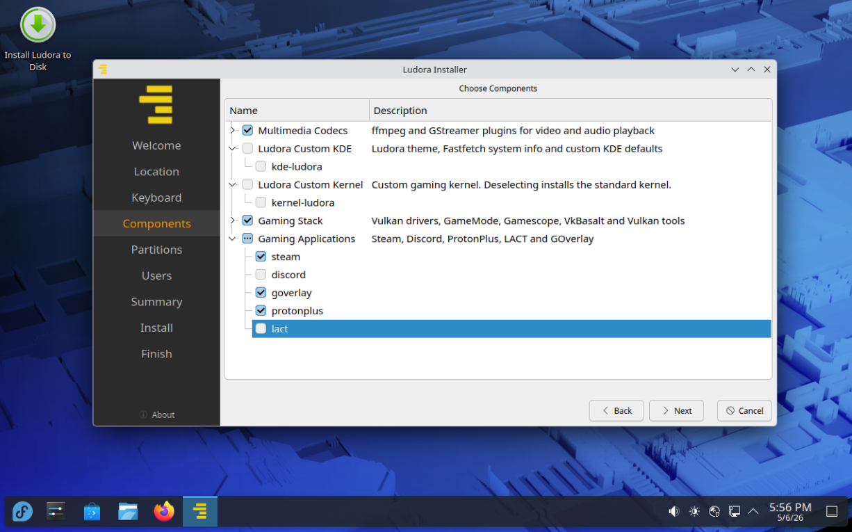 Custom component selection in the Ludora installer