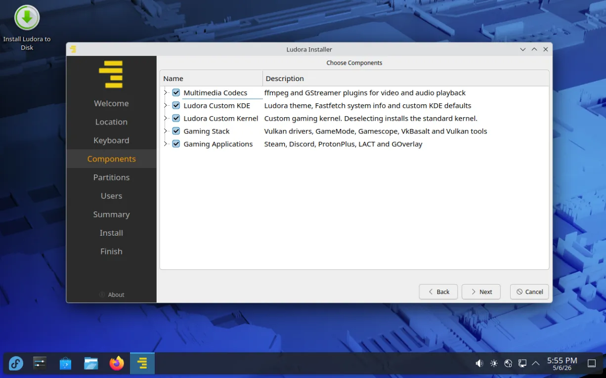 All five components selected in the Ludora installer