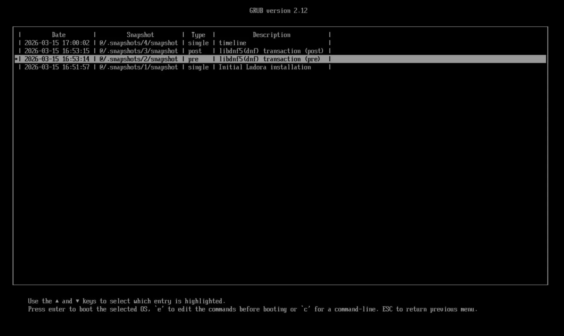 GRUB menu listing Ludora snapshots to boot into