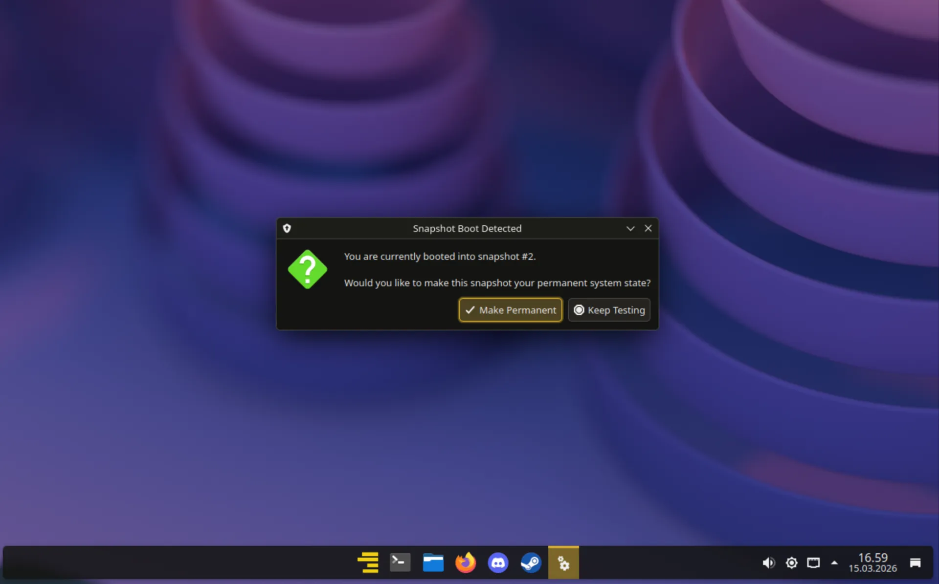 Popup asking whether to restore the system from the booted snapshot